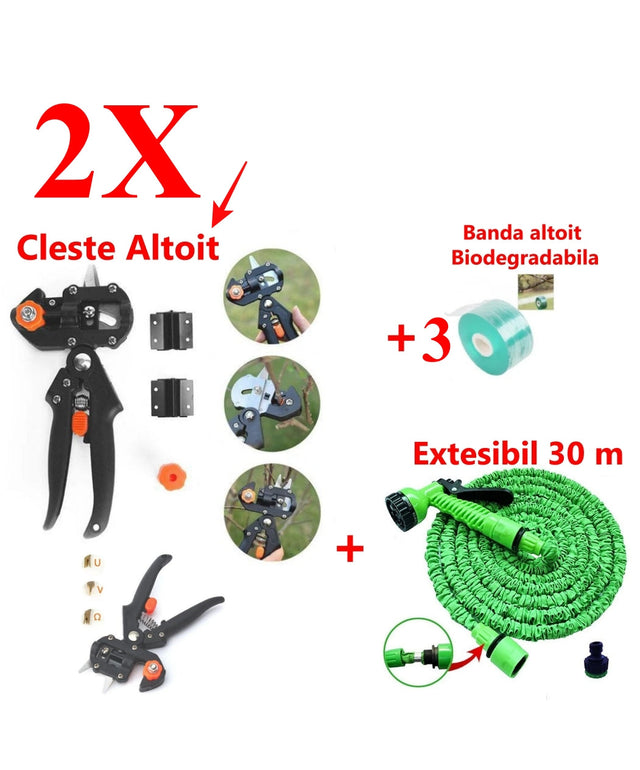 !! 2 X Cleste Profesional de Altoit cu 3 Cutite U V Omega + Furtun Extensibil 30 M + 3 x Banda Pentru Altoit Biodegradabila